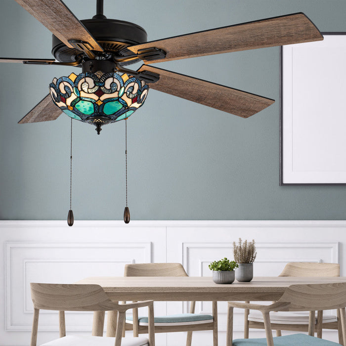 52"W 5-Blade Remote-Controlled Ceiling Fan Tiffany Glass in a dining room setting