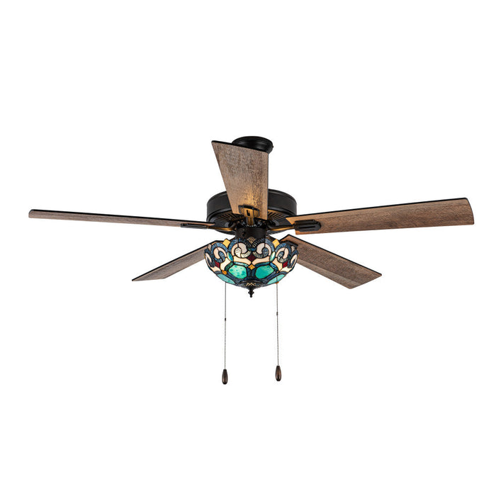 52"W 5-Blade Remote-Controlled Ceiling Fan Tiffany Glass-On