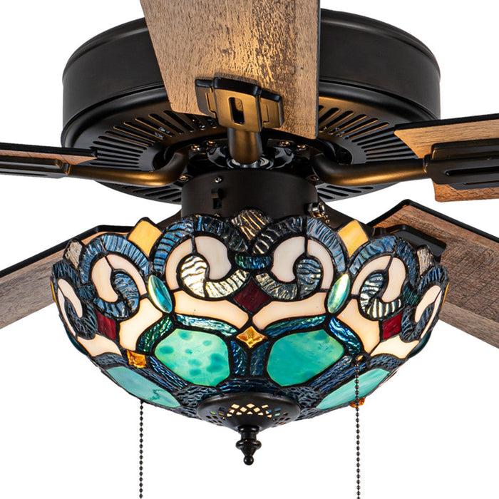 52"W 5-Blade Remote-Controlled Ceiling Fan Tiffany Glass. Shade closeup-On