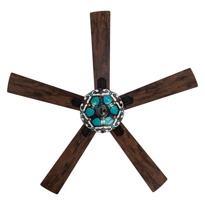 52"W 5-Blade Remote-Controlled Ceiling Fan Tiffany Glass. Straight-on view-On