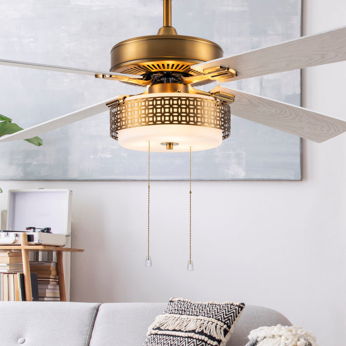 52"W Isabella Brass 4-Blade LED Ceiling Fan in a room setting