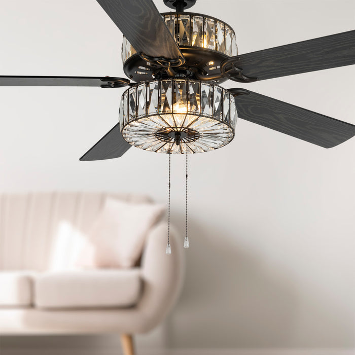 52"W LED Caged Clear Crystal Ceiling Fan with Remote Control in a room with a sofa.