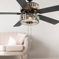 52"W LED Caged Clear Crystal Ceiling Fan with Remote Control in a room with a sofa.