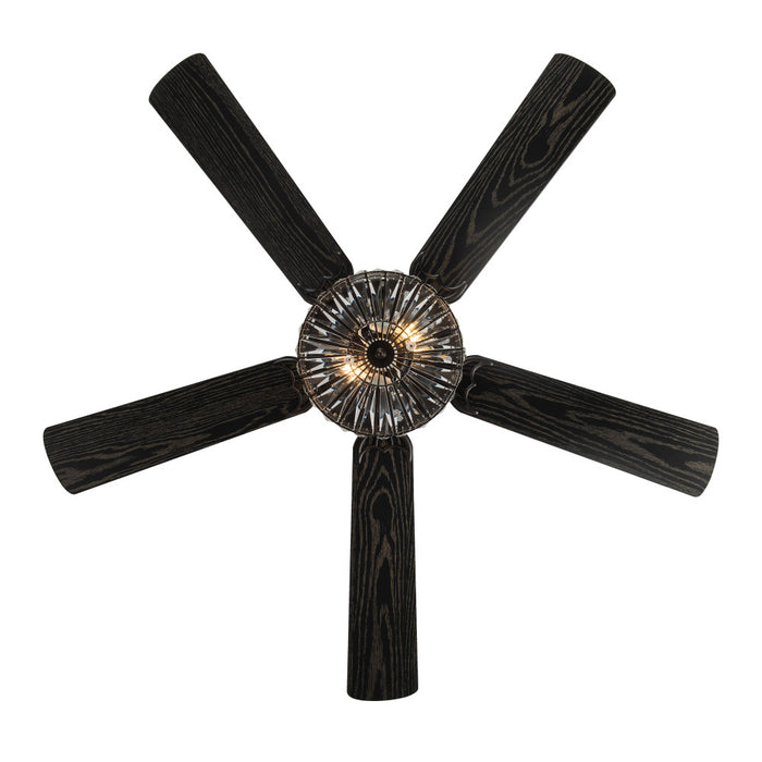 52"W LED Caged Clear Crystal Ceiling Fan with Remote Control. Straight-on view-On