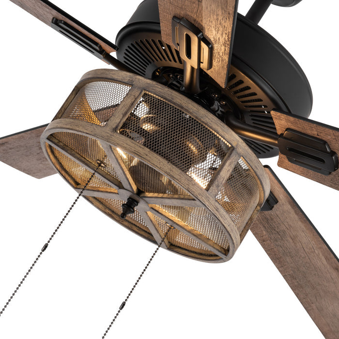 52"W LED Dixsie 5-Blade Woodgrain Caged Farmhouse Ceiling Fan. Close up of shade lit
