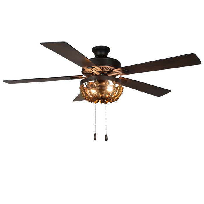 52"W Wooden Chandelier 5-Blade LED Ceiling Fan-On