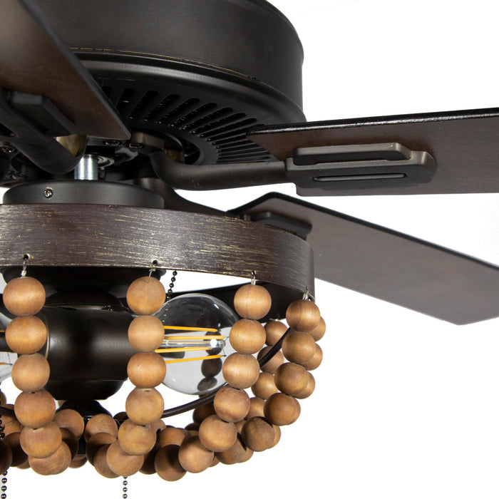 52"W Wooden Chandelier 5-Blade LED Ceiling Fan. Shade closeup-Off
