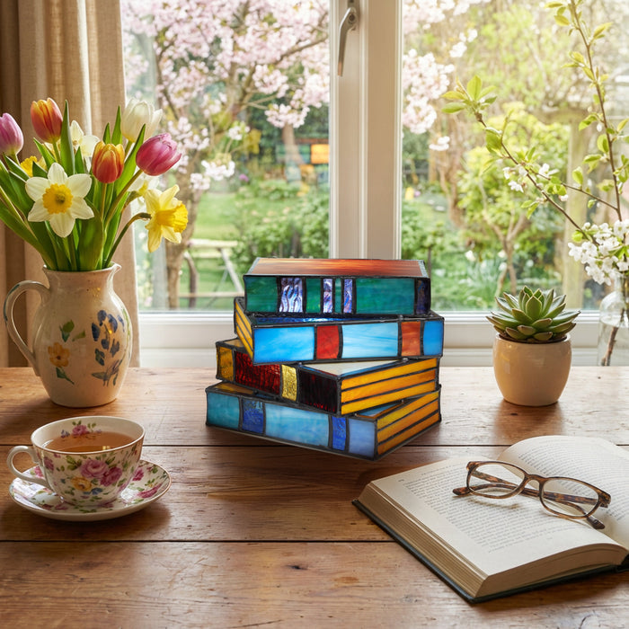 5.75" H Multi-Colored Book Stack Stained Glass Accent Lamp on a wooden table with a cup of tea, open book, and flowers.