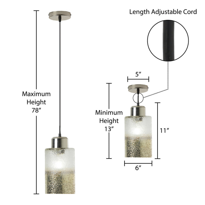 6" Callie Silver Finish Textured Metallic Gold and Clear Ombre Glass Cylinder-Shaped Pendant Lamp