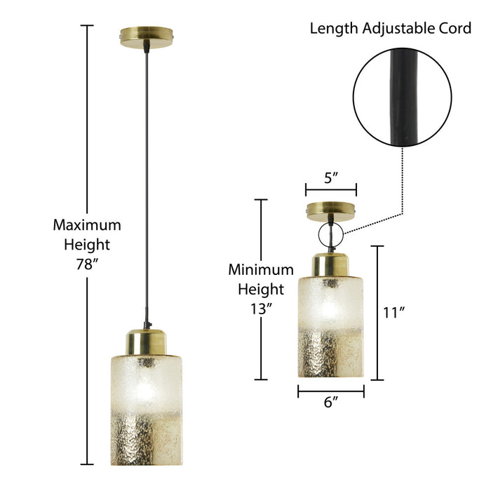 6" Callie Textured Metallic Gold and Clear Ombre Glass Cylinder-Shaped Pendant Lamp