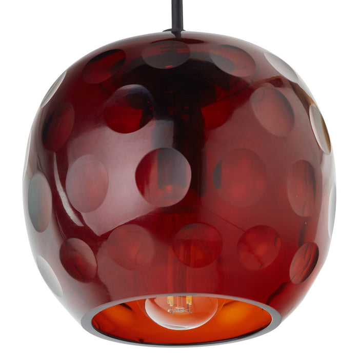 6" W Anthony Retro Red Hand-Blown Glass Globe Shade Pendant Light with Hand Cut Polka Dot Design. Shade closeup-Off
