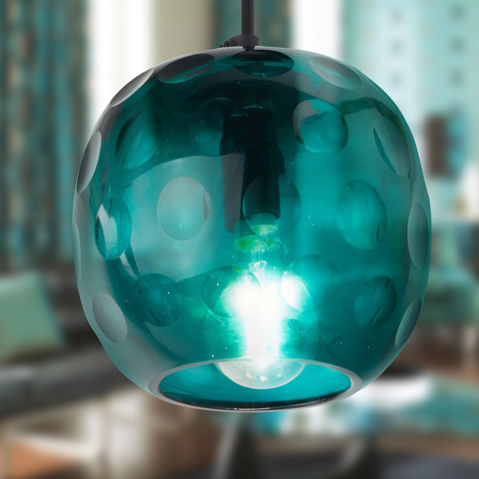 6" W Anthony Retro Teal Hand-Blown Glass Globe Shade Pendant Light with Hand Cut Polka Dot Design in an indoor setting