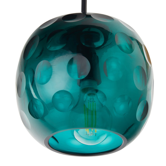 6" W Anthony Retro Teal Hand-Blown Glass Globe Shade Pendant Light with Hand Cut Polka Dot Design. Shade closeup-Off