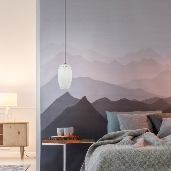 6" W Austin Glam White and Clear Glass Globe Shade Pendant Light in a modern bedroom with mountain-themed wallpaper, bed, and side table.
