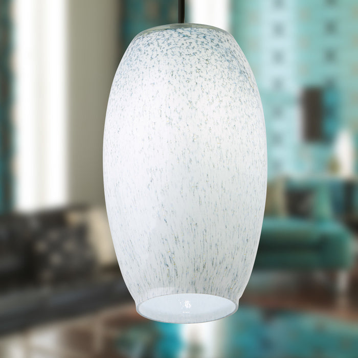 6" W Handblown Glass White/Blue/Green Elongated Dome Shade Pendant in a blurred room setting