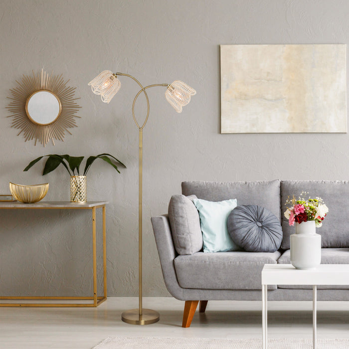 61"H Gold-Color Metal Floor Lamp with Rattan Shades