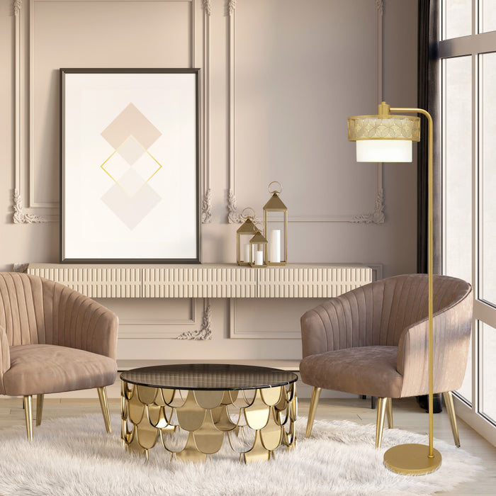 62.25"H Alena Mixed-Material Shade Floor Lamp in a modern living room with two beige armchairs