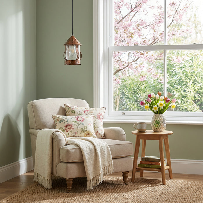 6.25" W 1-Light Betty Metal and Glass Pendant in a cozy living room with a beige armchair, floral cushions, and a small table with a vase of flowers.