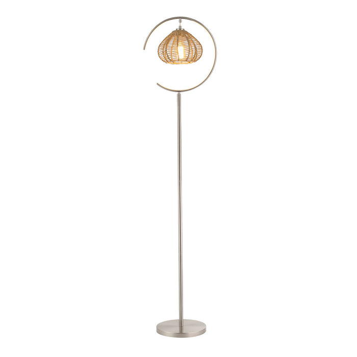 63.75"H Brushed Nickel Iron Floor Lamp & Tan Rattan Shade-On