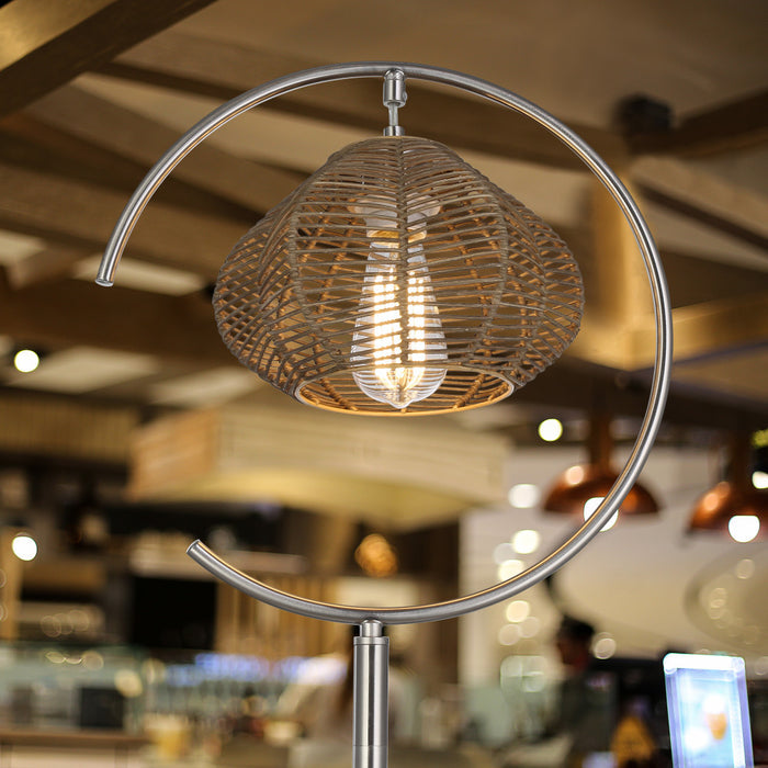 63.75"H Brushed Nickel Iron Floor Lamp & Tan Rattan Shade