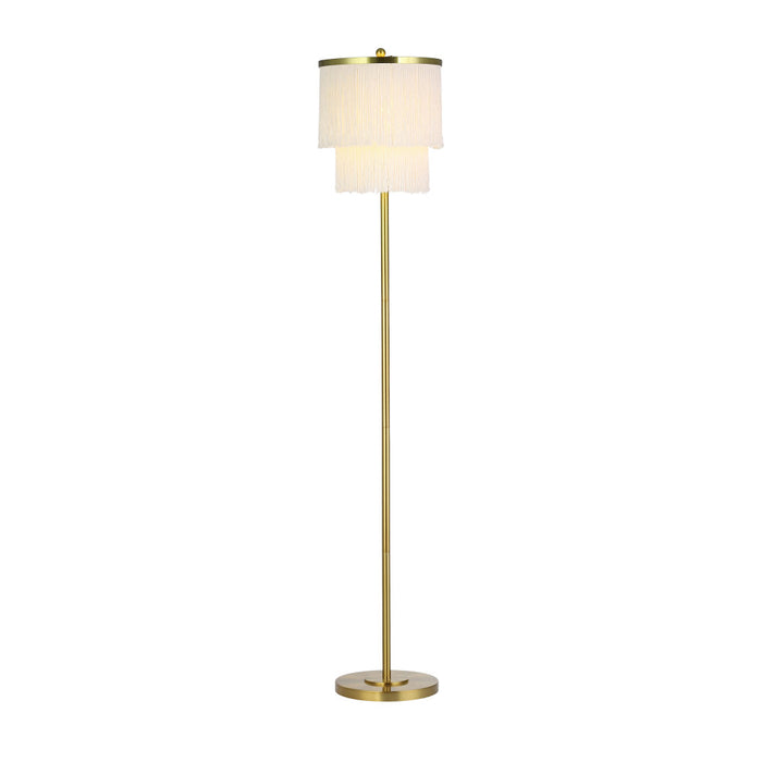 63"H Polished Metal Floor Lamp With Cream Fringe Shade-On