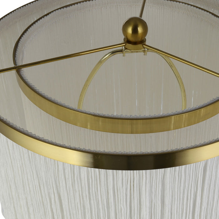63"H Polished Metal Floor Lamp With Cream Fringe Shade. Shade closeup-Off