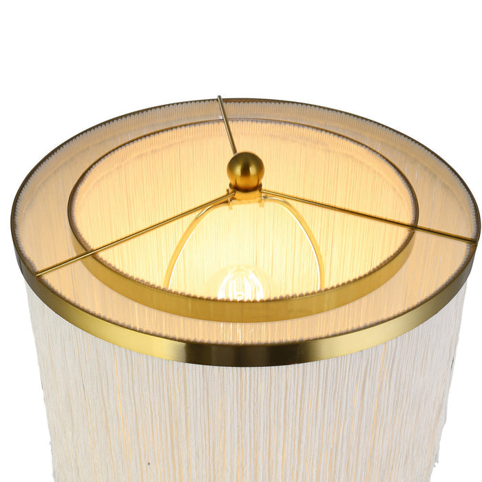 63"H Polished Metal Floor Lamp With Cream Fringe Shade. Shade closeup-On