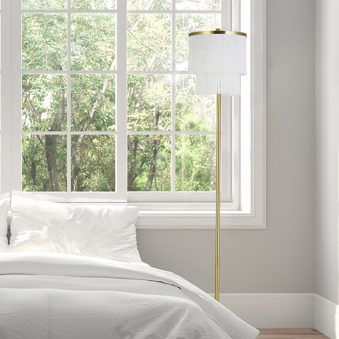 63"H Polished Metal Floor Lamp With Cream Fringe Shade