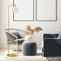 63"H Rowan Globe Shade Floor Lamp in a modern living room with gray sofa, wicker chair, and decorative elements.