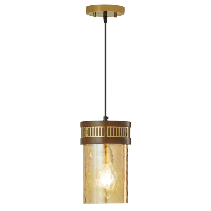 6.5" 1-Light Gold Pendant Light with Textured Glass Brown Mango Wood and Amber Glass Cylinder Shade-On