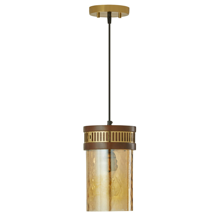 6.5" 1-Light Gold Pendant Light with Textured Glass Brown Mango Wood and Amber Glass Cylinder Shade-Off