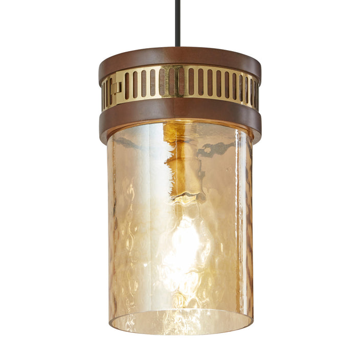 6.5" 1-Light Gold Pendant Light with Textured Glass Brown Mango Wood and Amber Glass Cylinder Shade. Shade closeup-On