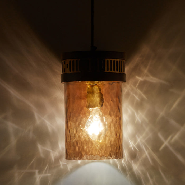 6.5" 1-Light Gold Pendant Light with Textured Glass Brown Mango Wood and Amber Glass Cylinder Shade