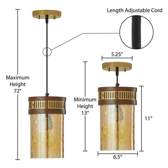 6.5" 1-Light Gold Pendant Light with Textured Glass Brown Mango Wood and Amber Glass Cylinder Shade