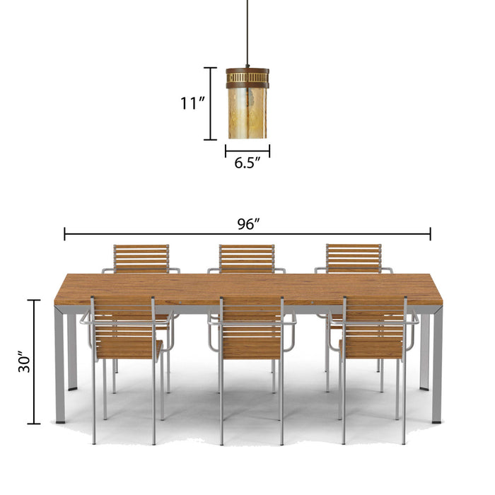 6.5" 1-Light Gold Pendant Light with Textured Glass Brown Mango Wood and Amber Glass Cylinder Shade