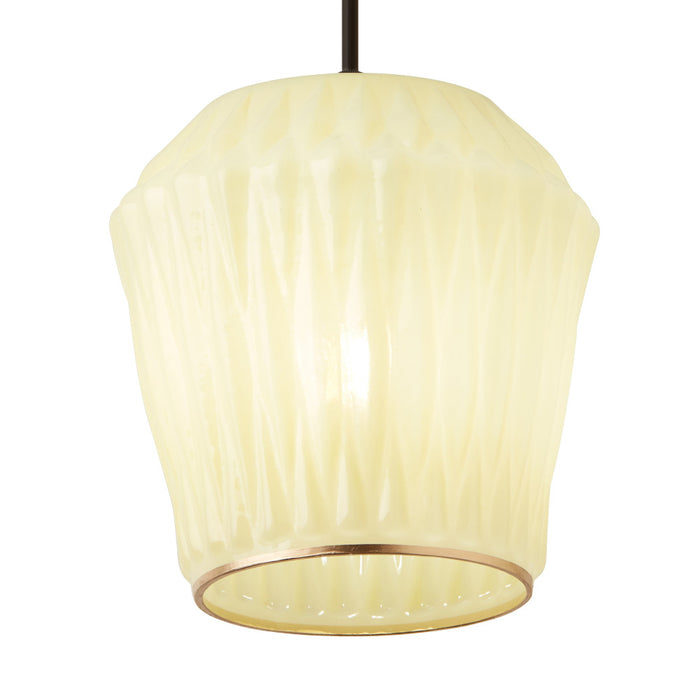 6.75" W Ken Glam Light Yellow and Gold Geometric Shaped Glass Shade Pendant. Shade closeup-On