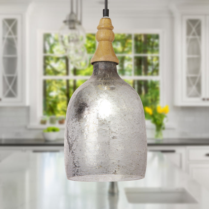 7" Coralie Textured Silver Glass Bell-Shaped Pendant Lamp in a kitchen setting