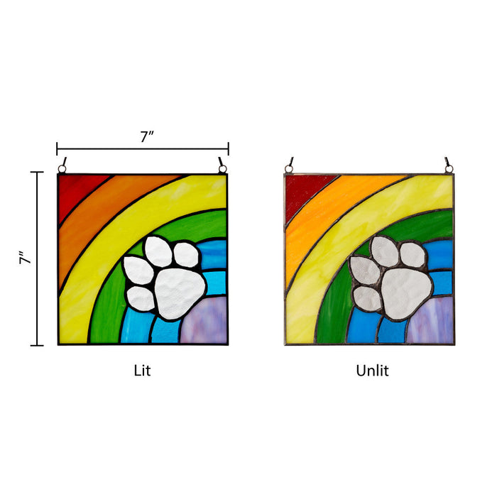 7" H Rainbow Paw Print Tiffany-Style Stained Glass Window Panel. Comparison between backlit and front lit