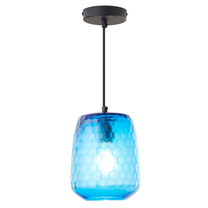 7" W Payton Retro Blue Hand Blown Glass Globe Shade Pendant Light with Hand Cut Honeycomb Design-On