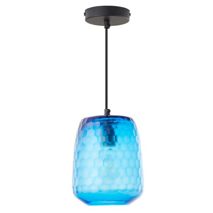 7" W Payton Retro Blue Hand Blown Glass Globe Shade Pendant Light with Hand Cut Honeycomb Design-Off