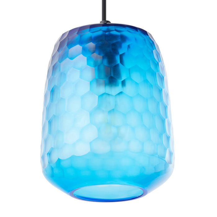7" W Payton Retro Blue Hand Blown Glass Globe Shade Pendant Light with Hand Cut Honeycomb Design. Shade closeup-Off