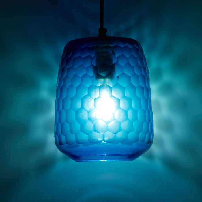 7" W Payton Retro Blue Hand Blown Glass Globe Shade Pendant Light with Hand Cut Honeycomb Design