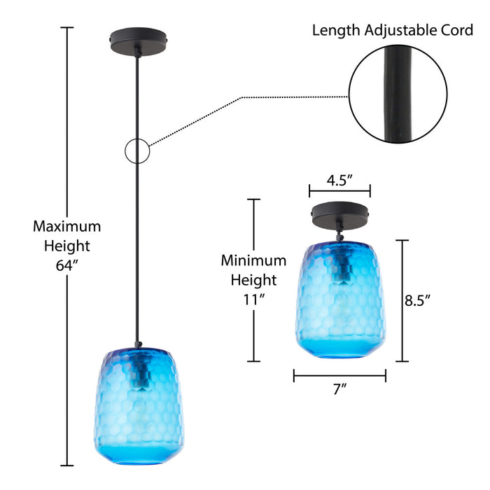 7" W Payton Retro Blue Hand Blown Glass Globe Shade Pendant Light with Hand Cut Honeycomb Design