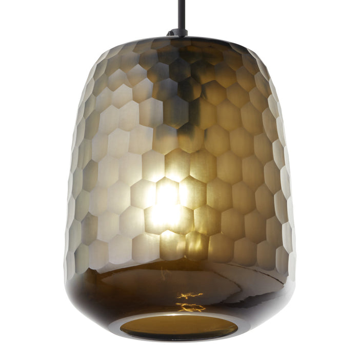 7" W Payton Retro Brown Hand Blown Glass Globe Shade Pendant Light with Hand Cut Honeycomb Design. Shade closeup-On