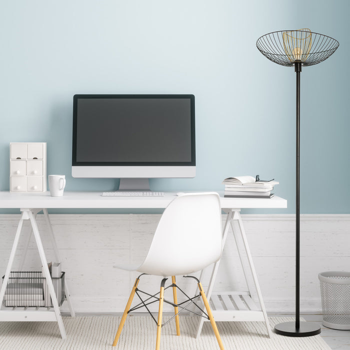 71"H Black Metal 1-Light Floor Lamp with Painted Metal Shade in a modern home office with a desk, chair and computer monitor