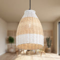 7.5" W Beachy White and Tan Dome Shade Rattan Pendant in a room setting