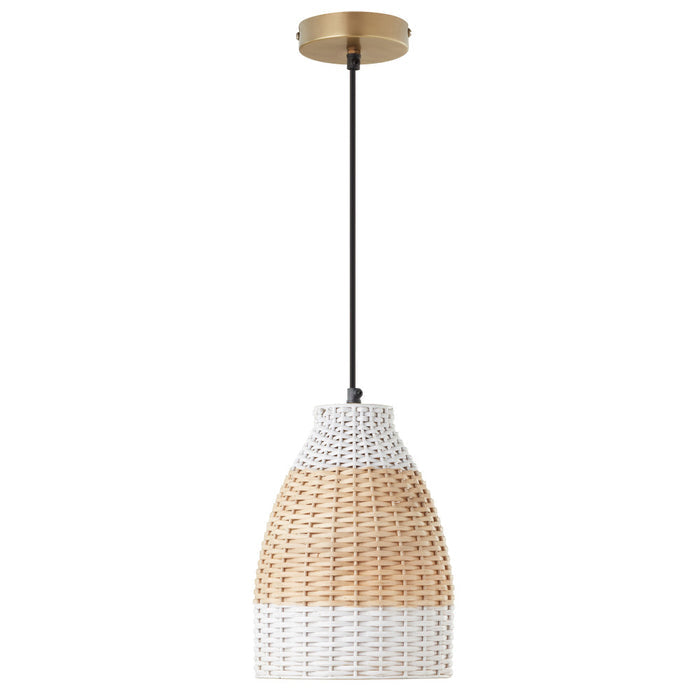 7.5" W Beachy White and Tan Dome Shade Rattan Pendant-Off
