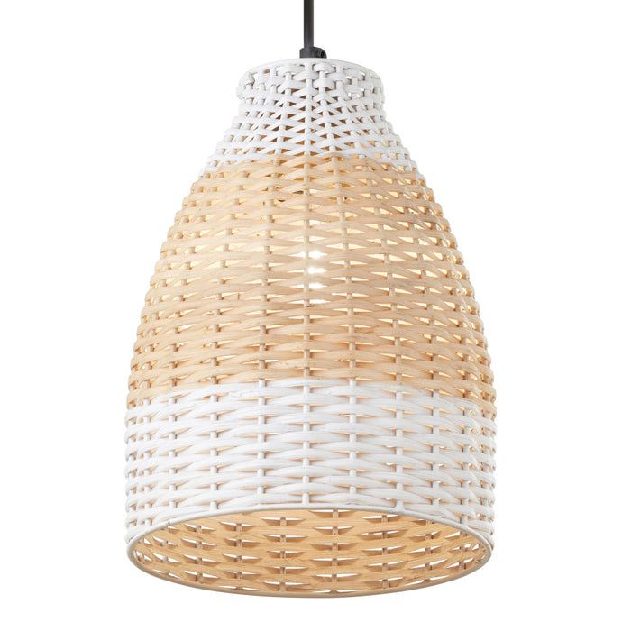 7.5" W Beachy White and Tan Dome Shade Rattan Pendant. Shade closeup-On