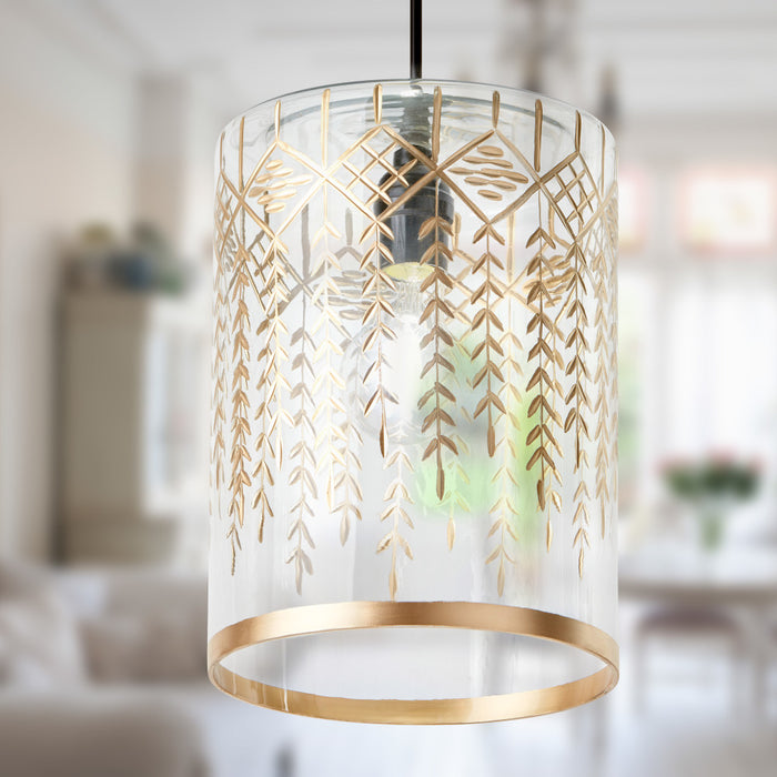 7.5" W Fiona Glam Gold and Clear Glass Drum Shade Pendant in a blurred indoor setting