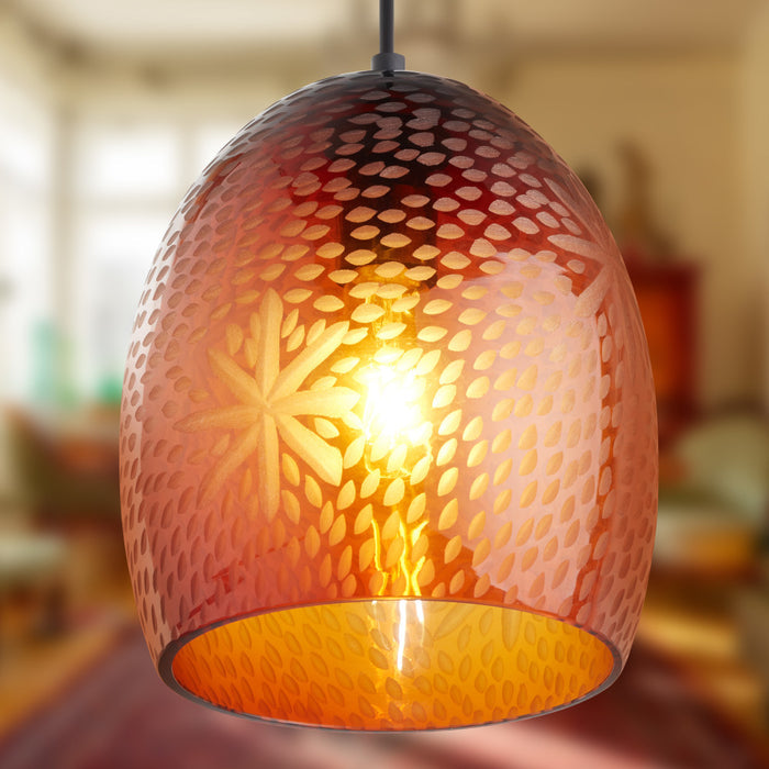 8" W Charity Retro Red Hand-Blown Glass Dome Shade Pendant Light with Hand Cut Star Design in a blurred indoor setting
